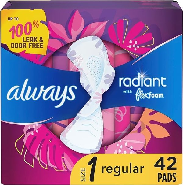 Radiant Feminine Pads For Women, Size 1 Regular Absorbency, With Flexfoam, With Wings, Light Clean Scent, 42 Count