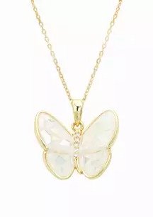 Lab Created Cracked Mother of Pearl Gold Butterfly Pendant Necklace