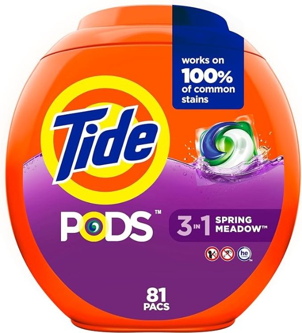 PODS 3 in 1 HE Turbo Laundry Detergent Pacs, Spring Meadow Scent, 81 Count Tub - Packaging May Vary