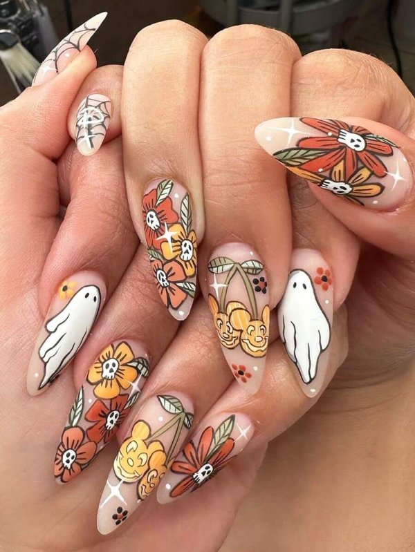 24Pcs Halloween Press On Nails Almond Fake Nails Cute Ghost & Floral False Nail With Spider Web Patter Design Matte Full Cover Fake Nails For Women Girls | SHEIN USA