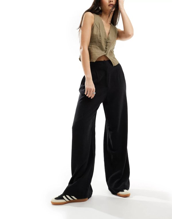 ASOS DESIGN high waist seam detail pants with linen in black
