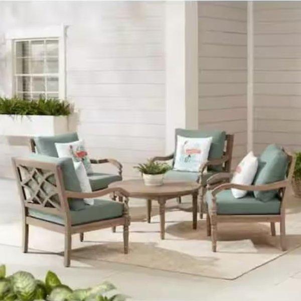 Hampton Bay Lakewood 5-Piece Eucalyptus Patio Chat Set with CushionGuard Spa Cushions