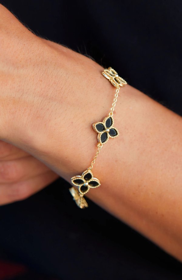 Yellow Gold Vermeil Onyx Flower Station Bracelet