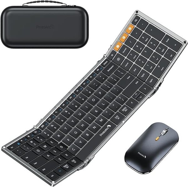 ProtoArc Foldable Keyboard and Mouse, XKM01 Folding Bluetooth Keyboard Mouse Combo for Business and Travel, 2.4G+Dual Bluetooth Full-Size Portable Keyboard for Laptop iPad Tablets - Space Gray