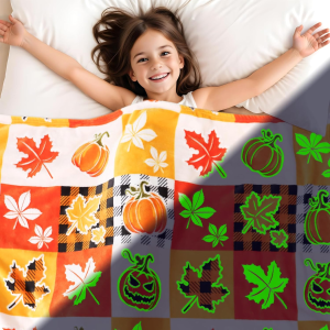 DESKSA Halloween Throw Blanket Kids Orange Plaid Fleece Fall Blanket Glow in The Dark Pumpkin Maple Leaf Blanket Cute Halloween Decor 50"x60"