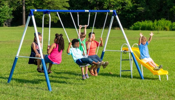 Play All Day Metal Swing Set with Fun Glider, Bench Swing Seats, Trapeze, Wave Slide