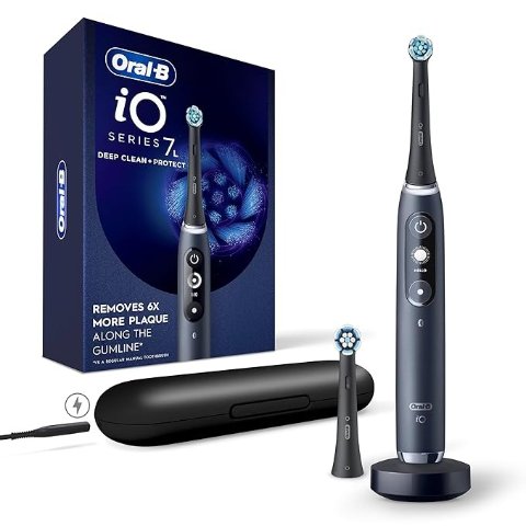 -B iO Deep Clean + Whiten Rechargeable Electric Toothbrush, Black with a iO Series 7 Toothbrush, 2 Replacement Brush Heads, and a Charging Travel Case