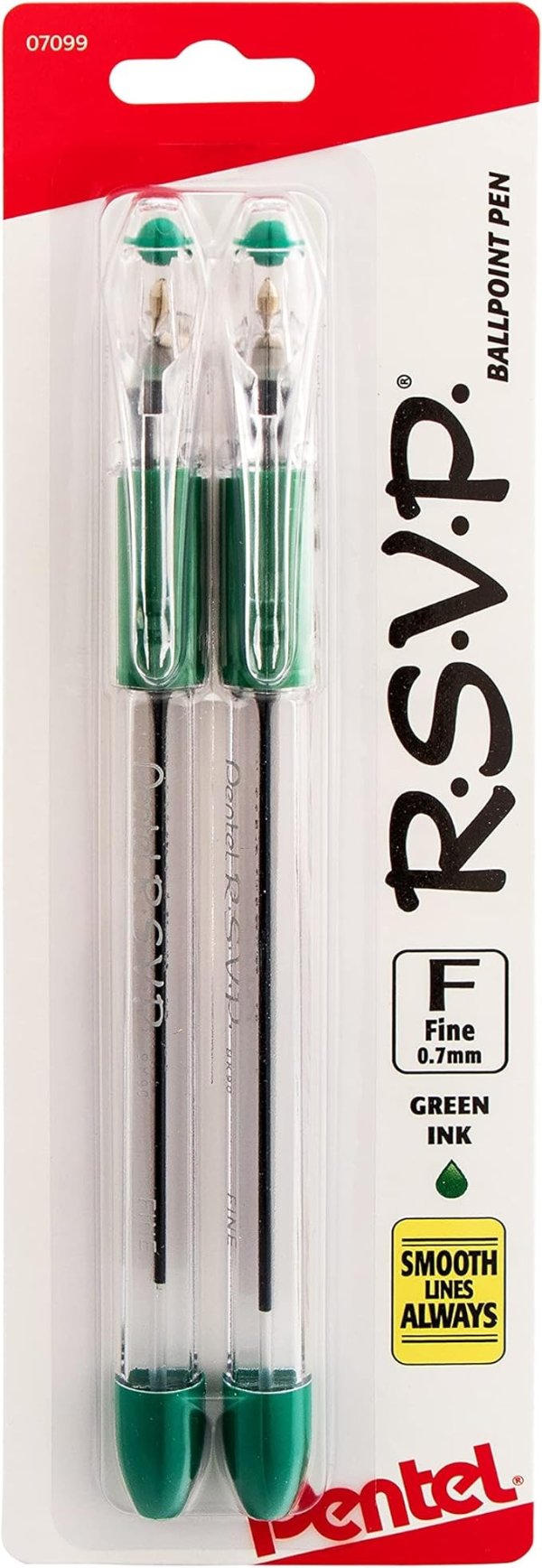 R.S.V.P. Ballpoint Pen, Fine Line, Green Ink, 2 Pack (BK90BP2D)