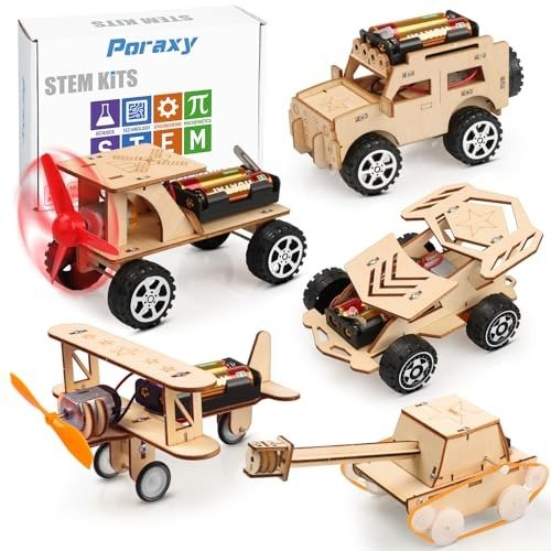 Poraxy 5 in 1 STEM Kits for Kids Age 8-10, Science Building Projects Craft for 8-12, Model Car Kits, Toys for Ages 8-13, Wooden 3D Puzzles, Birthday Gifts for 7 8 9 10 11 12 13 Year Old Boys and Girls