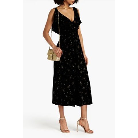 Ruffled glittered velvet midi dress