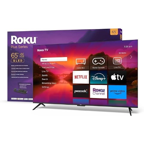 Roku65" Plus Series 4K Dolby Vision HDR10+ QLED SmartTV with Voice Remote Pro, Striking 4K Resolution, Automatic Brightness, Dolby Vision and HDR10+