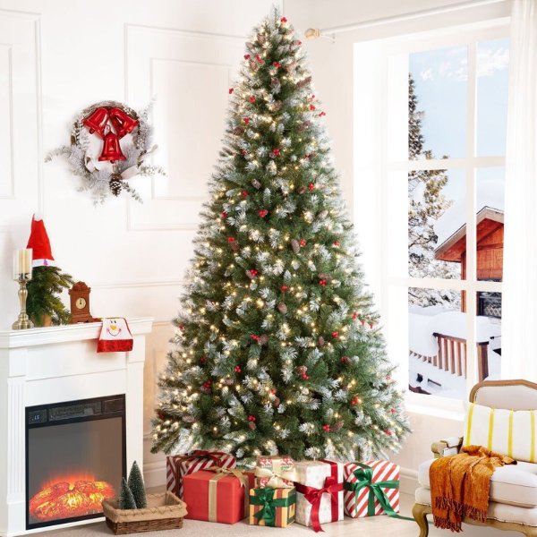 Frosted Pre-Lit Artificial Spruce Christmas Tree with Stand, Pine Cones, Faux Berries & Foot Pedal