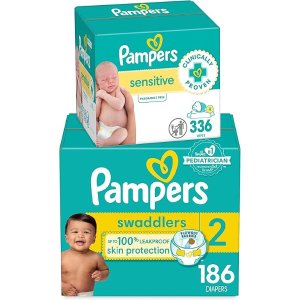 史低价：Pampers Swaddlers 尿不湿2号, 186 片+湿巾336抽