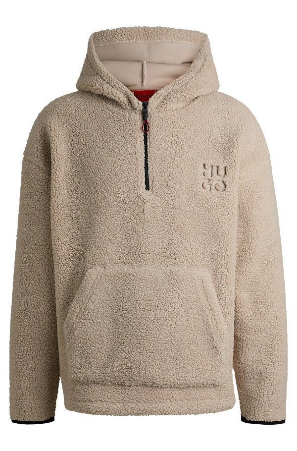 Teddy hoodie with tonal stacked logo and zip neck