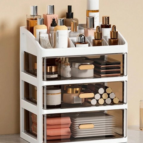 1pc Desktop Multi-Layer Cosmetics Display Stand, Desk Drawer Organizer, Dustproof Drawer Style Cosmetic Storage Box, Office Desk Student Desk Dormitory Bathroom Dressing Table Storage Rack, High-Capacity Stationery Storage Rack