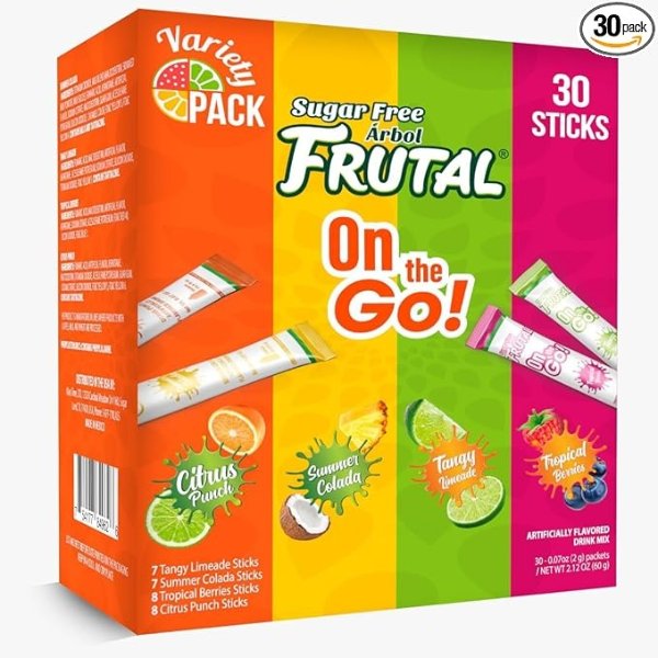 Powdered Drink Mix Variety Pack, Sugar Free! – Fruity flavors - Summer Colada, Tangy Limeade, Citrus Punch & Tropical Berries Packets (30 Count of Stick Packs) - Frutal On-The-Go!