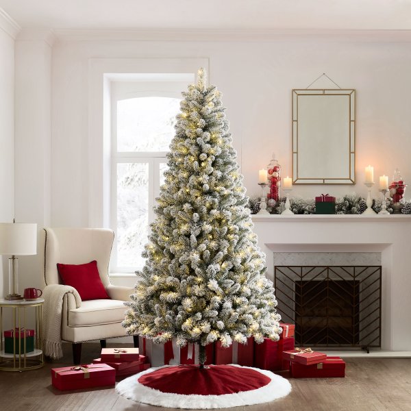 7.5ft Pre-Lit Flocked Frisco Pine Artificial Christmas Tree, 350 LED, Color-changing, 7.5'