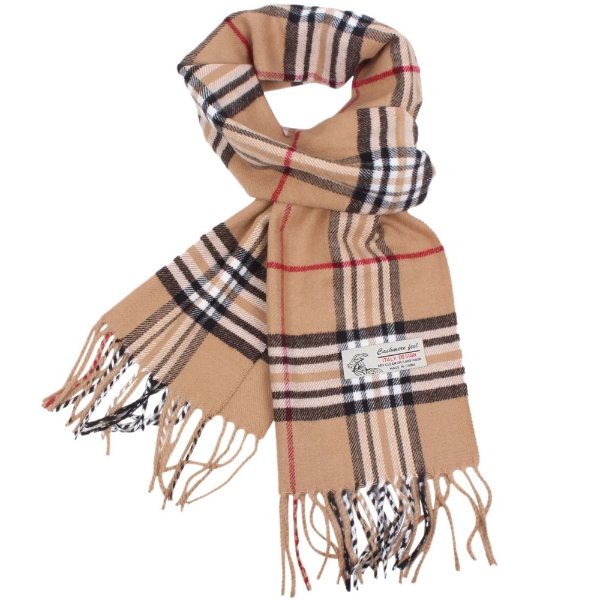 Women Men Camel Plaid Scarves Classic Warm Soft with Fringes for Winter