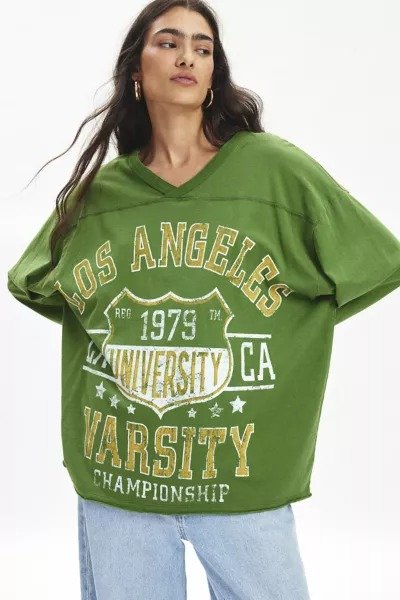 Vintage Varsity V-Neck Long Sleeve Sporty Graphic Tee