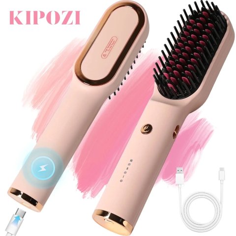 KIPOZI Hair Straightener Brush, Cordless Hair Straightener Brush Portable Hot Comb Straightener, USB Rechargeable & 3 Temp Settings & Anti-Scald, Pink