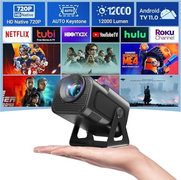 Portable Mini Projector XGODY Gimbal5 - Mini Smart Android 11 HD Projector Supports 1080P 4K WiFi6 BT Home Theater Video Projector with 180° Rotatable Stand Auto Keystone for Android, iOS Matte Black