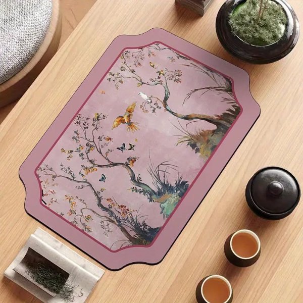 Chinese Style Floral And Bird Pattern Rubber Heat Insulator, Absorbent, Heat Resistant Traditional Tea Ceremony Table Mat