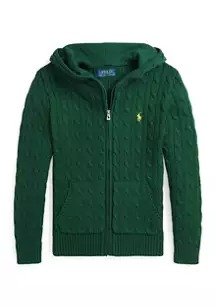Boys 8-20 Cable Cotton Hooded Full Zip Sweater