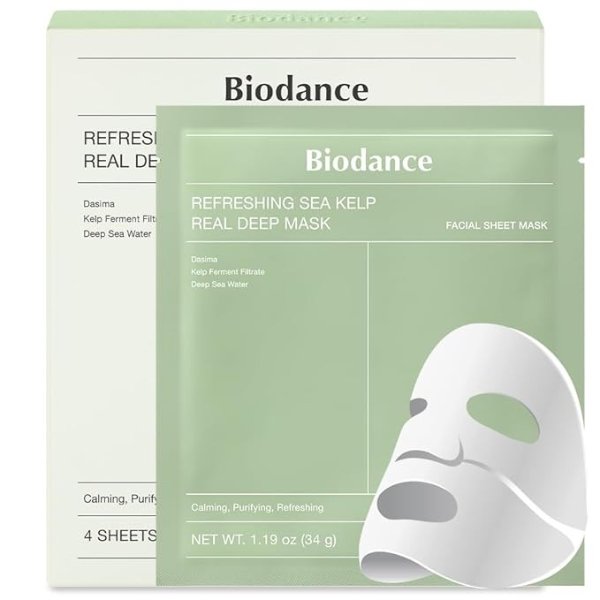 Refreshing Sea kelp Real Deep Mask, Overnight Hydrogel Mask, Calming, Oil & Sebum Control, Blemish Care 1.19oz(34g) x 4ea