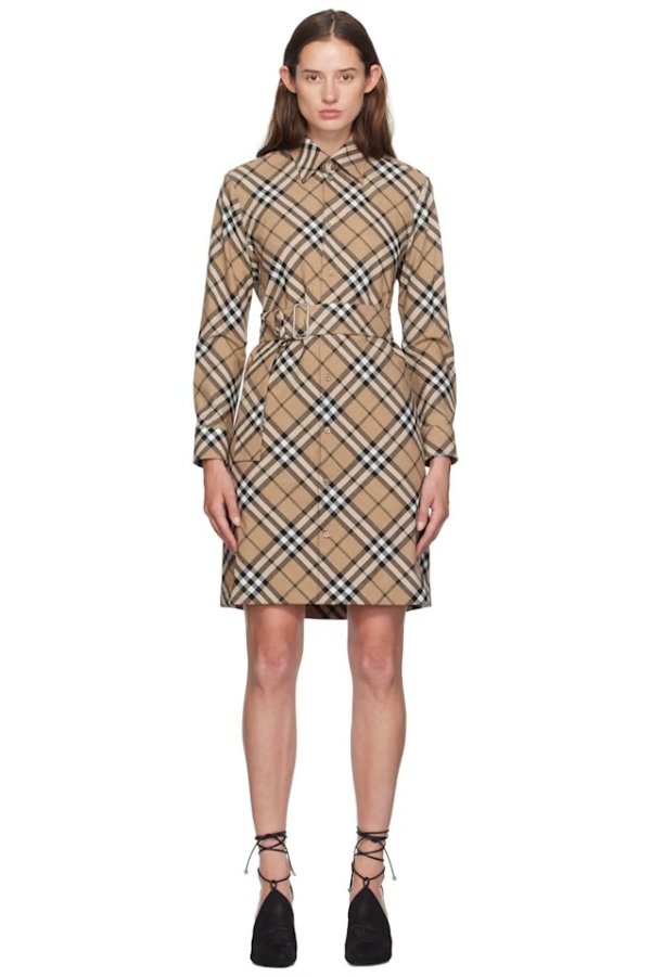 Beige Vintage Check Minidress