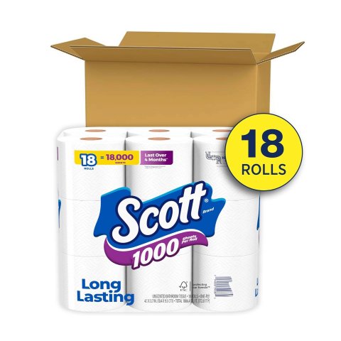 Scott 1000 Toilet Paper, 18 Rolls, Septic-Safe, 1-Ply Toilet Tissu