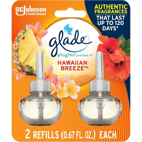 Glade PlugIns Refills Air Freshener, Scented and Essential Oils for Home and Bathroom, Hawaiian Breeze, 1.34 Fl Oz, 2 Count