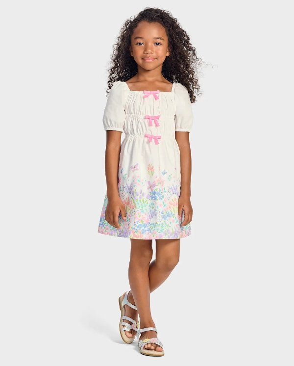 Girls Floral Bunny Bow Dress - Garden Party - white