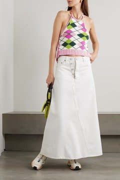 Cropped argyle cotton halterneck top