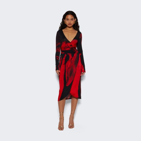 Louisa Ballou Long-sleeve Summer Solstice Midi Dress Queen Red