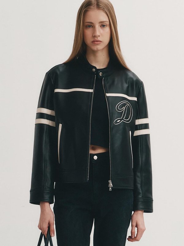 Unisex Racing Contrast Leather Jacket - Black