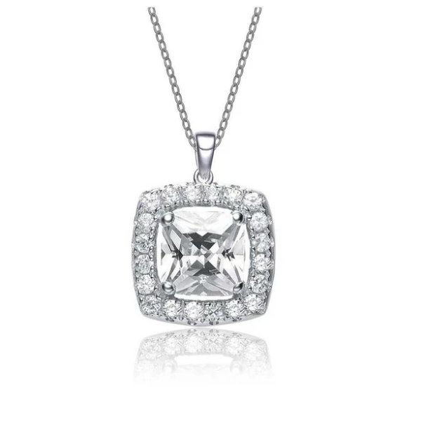 sterling silver white gold plated with clear cubic zirconia square shape pendant necklace