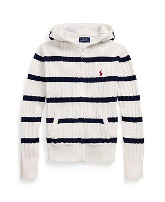 Big Girls Striped Cotton Hooded Full-Zip Sweater - Macy's