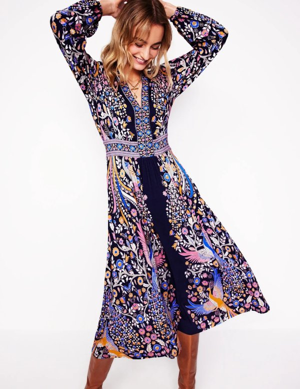 Lily Long Sleeve Midi Dress French Navy,Enchanting Peacock