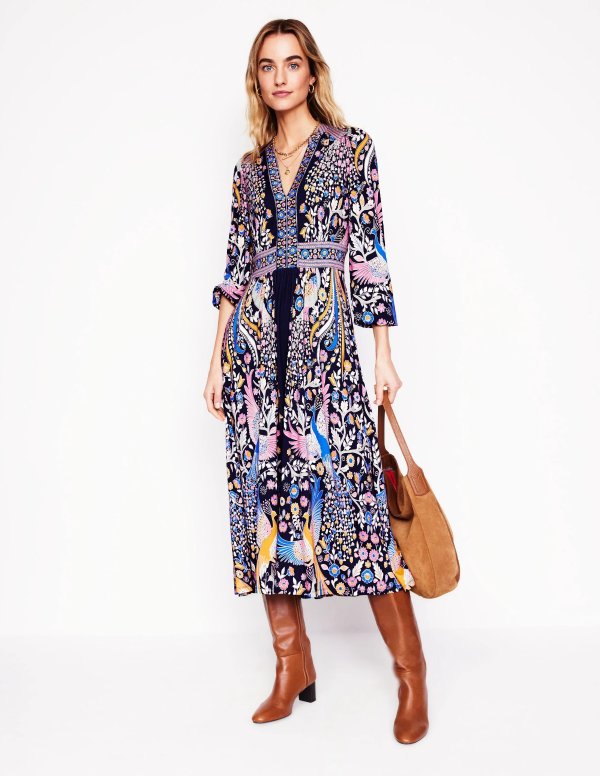 Lily Long Sleeve Midi Dress French Navy,Enchanting Peacock