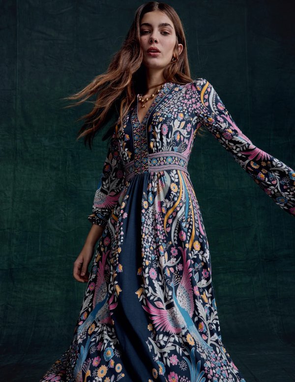 Lily Long Sleeve Midi Dress French Navy,Enchanting Peacock