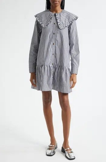 Stripe Collar Long Sleeve Organic Cotton Shift Dress