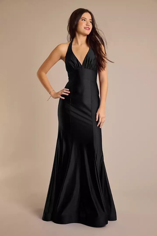 Stretch Satin Tie-Back Halter Mermaid Dress