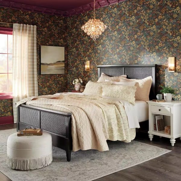 Marsden Black Wooden Cane Queen Bed (65 in. W x 54 in. H)