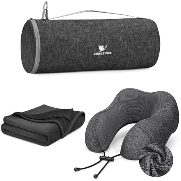 Neck Pillow and Blanket Set Travel Pillows Travel Essentials for Airplane Black
