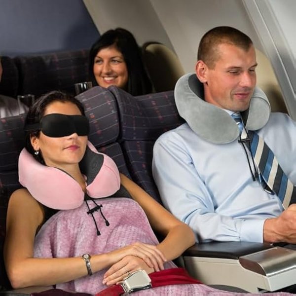 Travel Pillow and Blanket Set Neck Pillow Airplane Memory Foam for Traveling Compact with Bag Pink