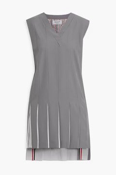 Pleated striped cotton Oxford and wool-blend ripstop mini dress