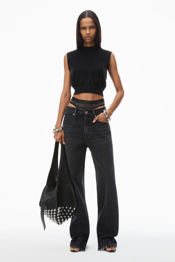 pre-styled straight-leg slit-hem jeans in cotton