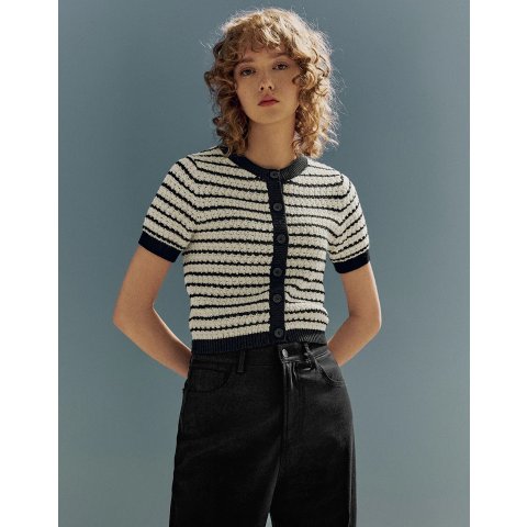 Striped Crew Neck Knitted Cardigan