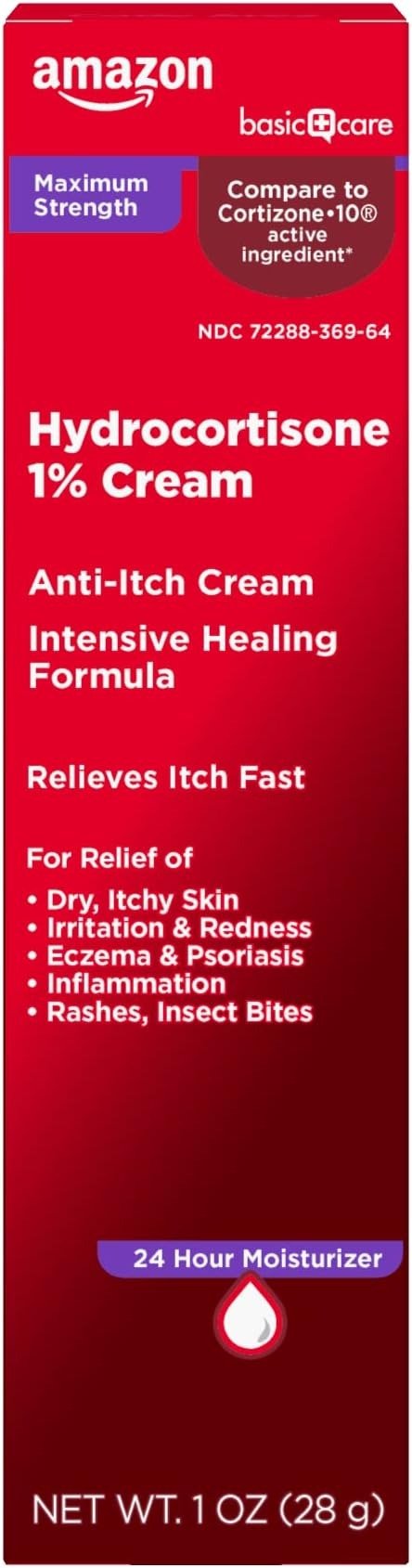 Amazon Basic Care Maximum Strength Anti-Itch Cream, Hydrocortisone 1 Percent Intensive Healing Formula, Itch Relief For Bug Bites, Eczema, Psoriasis, Poison Ivy, Oak and Sumac, 1 ounce (Pack of 1)