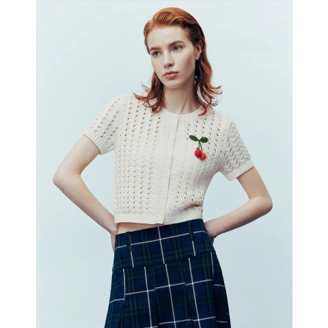 Fruit Embroidered Crew Neck Knitted Cardigan